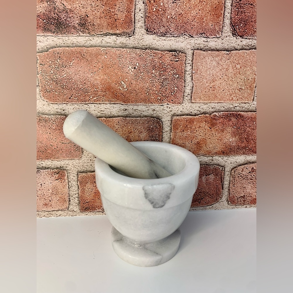 MORTAR & PESTLE Stone Marble Set White Pestal, Natural Spice Herb Pill Grinder
